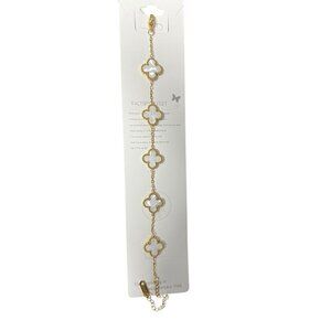 Gold Plated Bracelet With White Clover Charms & Adjustable Chain